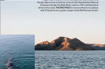  ??  ?? EAST KIMBERLEY WA JOURNEY CLOCKWISE, FROM LEFT Ranger Dee Stephens guides walkers through Emma Gorge; if you’re lucky, you’ll spot a freshwater crocodile at Lake Argyle; a vast freshwater reservoir, Lake Argyle was created in 1972; walking under palms at Emma Gorge; take a tinny to look for crocs in the Chamberlai­n River at Explosion Gorge; the Gibb River road is a 700-odd kilometre drive to the coast. FACING PAGE En route to Branco’s Lookout with El Questro tour guide, ranger Lewis Mcpherson (inset).