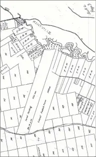  ??  ?? These Loyalist grants, issued circa 1784 to Israel Harding and the mysterious Col. Foster, lay between the Cornwallis River and the Gaspereau River. The grants cover what is now the main commercial area of New Minas.