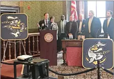  ?? ERICA MOSER THE DAY ?? U.S. Sen. Richard Blumenthal, D-Conn., far left, stands with local and state elected officials and Norwich Sea Unicorns executives on Friday at Norwich City Hall to speak out against a proposal to eliminate 42 minor league teams.