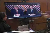  ?? CURTIS MEANS / DAILY MAIL, POOL ?? Former president Donald Trump, left on screen, and his attorney, Todd Blanche, right on screen, appear by video before a hearing begins in Manhattan criminal court, in New York on Tuesday.