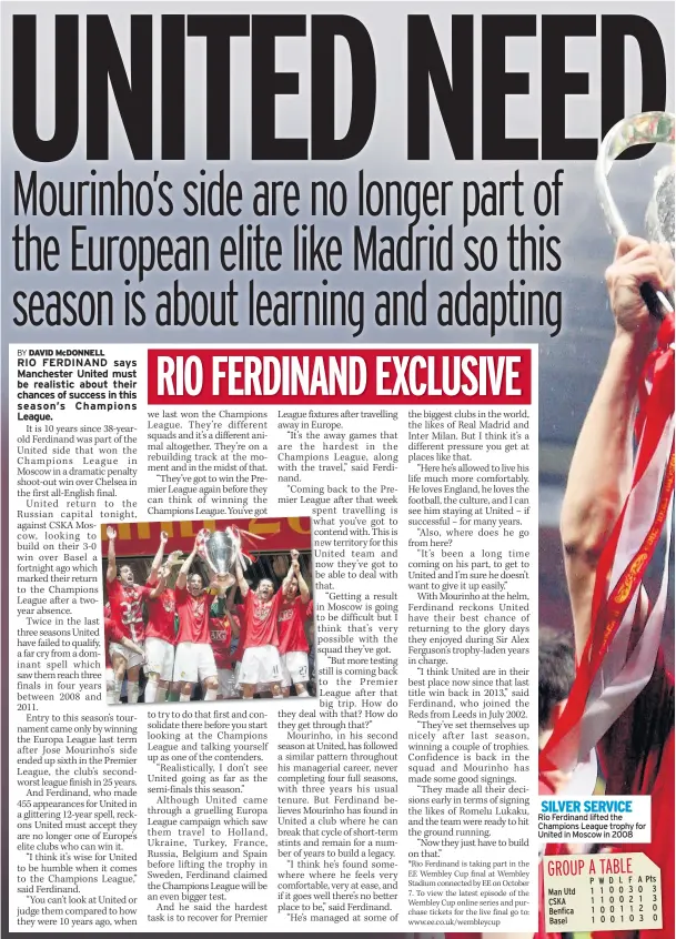  ??  ?? SILVER SERVICE Rio Ferdinand lifted the Champions League trophy for United in Moscow in 2008