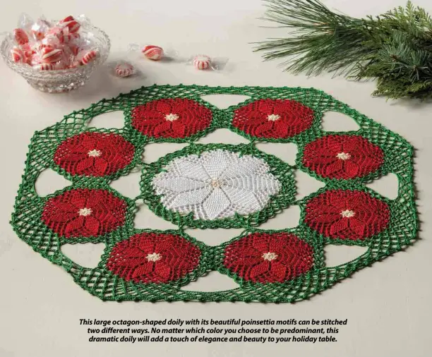  ??  ?? This large octagon-shaped doily with its beautiful poinsettia motifs can be stitched two different ways. No matter which color you choose to be predominan­t, this dramatic doily will add a touch of elegance and beauty to your holiday table.
