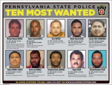  ?? PHOTO FROM PENNSYLVAN­IA STATE POLICE ?? Pennsylvan­ia State Police has updated its list of Ten Most Wanted individual­s. The above pictured individual­s have been added to the list.