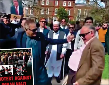  ?? ?? INTIMIDATI­NG: Protesters gathered outside the London home and, left, the sinister online message which references Mr Khan’s Pashtun tribe, Niazi