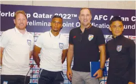  ??  ?? Bangladesh coach Jamie Day (from left) and captain Jamal Bhuyan with Indian coach Igor Stimac and captain Sunil Chhetri in Kolkata on Monday.