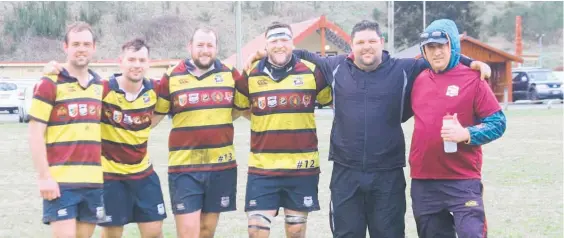  ?? Photos / Jesse Wood ?? The Te Awamutu Sub-Union rugby Pirongia crew Kayden Moorfield (left), Jake Pitcon, Lucas Dampney, Shaun Coutts, Michael Earwaker (head coach) and Johnny de Thierry (assistant coach).