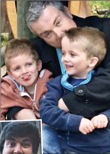  ??  ?? Experience: Stephen Coffey today with his sons Quinn, six, and Dylan, four. Inset, left: Stephen aged 18