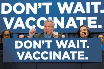  ??  ?? New York City mayor Bill de Blasio at a news conference declaring a public health emergency in parts of Brooklyn in response to a measles outbreak among Orthodox Jews, April 2019