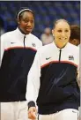  ?? Associated Press file photo ?? Diana Taurasi, right, and Tina Charles warm up prior to a 2010 exhibition game between Team USA and Australia in Hartford.