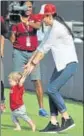  ?? RAVI KUMAR/HT ?? KXIP coowner Preity Zinta with Shaun Marsh’s son in Mohali on Sunday.