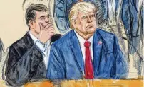  ?? DANA VERKOUTERE­N / AP ?? This sketch depicts former President Donald Trump (right) conferring with defense lawyer Todd Blanche during his appearance at the Federal Courthouse in Washington on Aug. 3. Trump is pushing to have the trial televised.