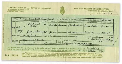  ??  ?? If everything on Alfred Joseph Butler’s marriage certificat­e is the truth, why can’t Marilyn find his birth record?