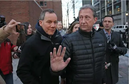  ?? MATT STONE / HERALD STAFF ?? NO COMMENT: Charles Lieber, left, a Harvard professor, leaves federal court with his attorney Peter Gelhaar on Thursday.