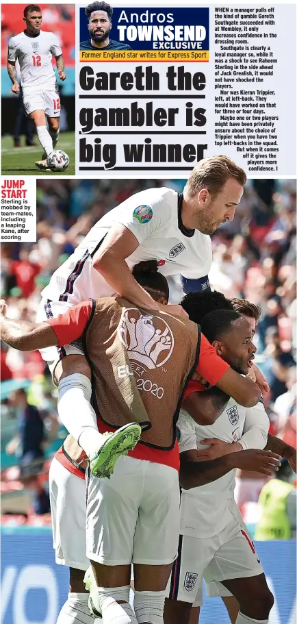  ??  ?? JUMP START Sterling is mobbed by team-mates, including a leaping Kane, after scoring