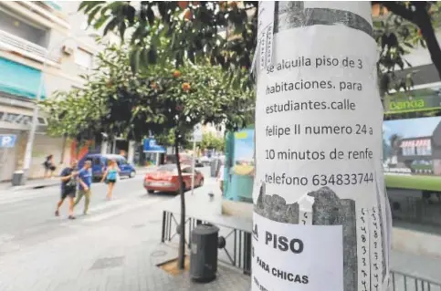  ?? // VALERIO MERINO ?? Carteles de oferta de pisos en alquiler para estudiante­s en Ciudad Jardín