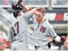  ??  ?? Mississipp­i State DH Jordan Westburg celebrates his grand slam against North Carolina. NATI HARNIK/AP