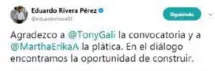  ??  ?? A través de su cuenta de Twitter, el mandatario estatal dio a conocer el encuentro.