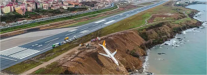 ??  ?? Above and below: The Pegasus Airlines plane rests on the cliffside after coming off the runway at Trabzon airport in Turkey. Icy conditions have been blamed