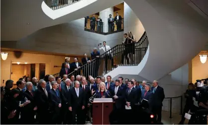  ??  ?? House Republican­s speak to reporters after Laura Cooper arrived to testify as part of the impeachmen­t inquiry on Capitol Hill in Washington DC on Wednesday. Photograph: Carlos Jasso/Reuters