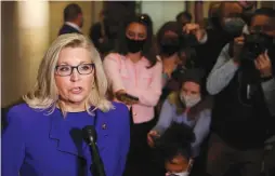  ?? (Evelyn Hockstein/Reuters) ?? US REPRESENTA­TIVE Liz Cheney (R-WY) speaks to the media as she arrives at Capitol Hill in Washington yesterday.