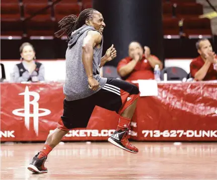  ?? Elizabeth Conley / Houston Chronicle ?? Nathaniel Durant II performs a 90-second routine for judges during Rockets mascot auditions at the Toyota Center.