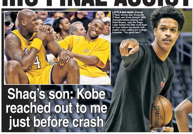  ??  ?? LITTLE BIG MAN: Shareef O’Neal, whose dad, Shaquille O’Neal, won three straight NBA championsh­ips playing with Kobe Bryant, says the tragic Laker texted him little more than an hour before his deadly helicopter crash, asking the college hoopster, “You good fam?”