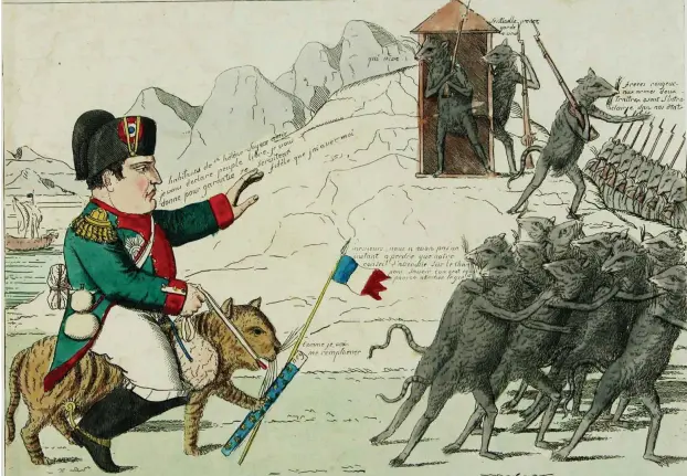  ?? Foto: Museum Wilhelm Busch ?? Y.V. Lacroix karikierte 1815 Napoleons Einzug auf St. Helena und die Flucht der Ratten vor dem in die Verbannung geschickte­n abgesetzte­n Kaiser.