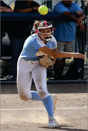  ?? PHOTO FOR THE RECORDER BY DONNIE ZIMMERMAN ?? Monache’s Jessica Batres throws out a runner at first base from third base during Saturday’s game at MHS.