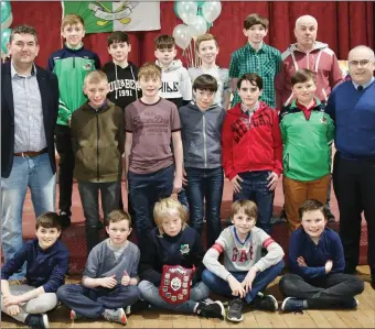  ??  ?? The U12 North Cork Hurling League Final winning Kanturk team pictured with their Coaches and Mentors Paddy Duggan, Noel Sheehan and Frank Thornton at the Kanturk Juvenile GAA Social in the Edel Quinn Hall.