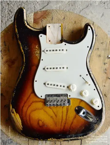  ??  ?? This aged Two-Tone Sunburst was inspired by a well-used 1954 Strat