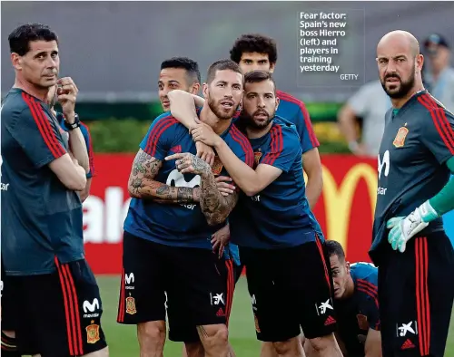  ?? GETTY ?? Fear factor: Spain’s new boss Hierro (left) and players in training yesterday