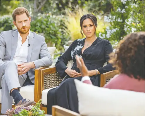  ?? HARPO PRODUCTION­S / JOE PUGLIESE/HANDOUT VIA REUTERS ?? Prince Harry and Meghan, Duchess of Sussex, speak with Oprah Winfrey for an interview airing this weekend. Tensions have ratcheted up in the Royal Family ahead of the interview, with word officials have contacted Harry for informatio­n on what was said.