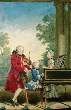  ?? Foto: picture alliance/akg ?? Wenn der Vater mit dem Sohne und der Tochter... Leopold auf der Geige, Amadeus am Klavier, Nannerl singend: Aquarell aus Paris, 1763.
