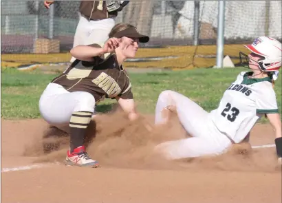  ?? Photos courtesy of Christophe­r Pedigo ?? ABOVE: Korrie Almond beats the tag applied by Yuba City third baseman Drew Mcdonald en route to a one-out triple in the fifth inning against Yuba City Friday at River Valley High School. BELOW: Yuba City third baseman Drew Mcdonald makes a throw against River Valley.