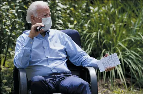  ?? CAROLYN KASTER — THE ASSOCIATED PRESS ?? Democratic presidenti­al candidate former Vice President Joe Biden speaks during an event with local union members Sept. 7in the backyard of a home in Lancaster, Pa.