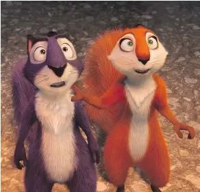  ??  ?? There’s a weird gender dynamic between Surly (Will Arnett) and Andie (Katherine Heigl) in Nut Job 2.