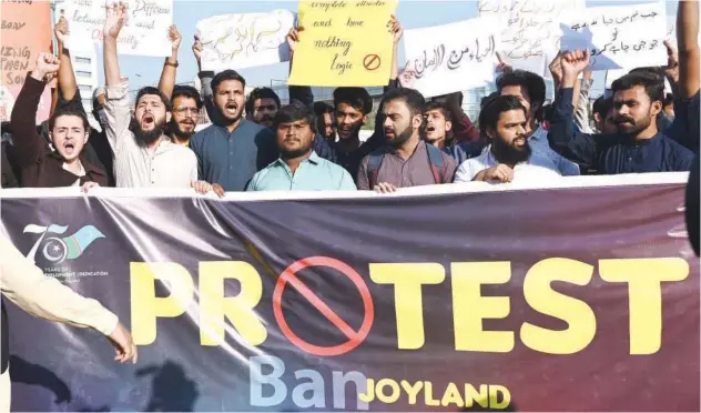  ?? ?? Students of Islami Jamiat Talaba shout slogans against the releasing of Pakistan-produced movie `Joyland’ during a protest in Lahore on Friday. Agence France-presse