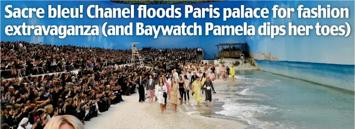  ??  ?? Sun, sea, sand and sashays: Models strut on Chanel’s fake beach at Paris Fashion Week yesterday