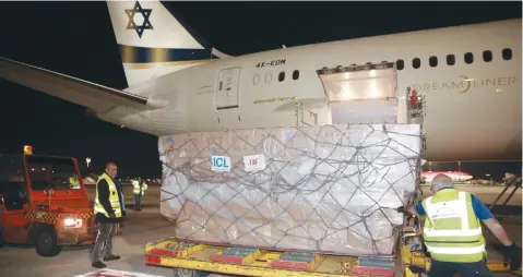  ?? (Foreign Ministry) ?? THREE MILLION surgical masks arrive in Israel aboard El Al’s ‘Jerusalem of Gold’ Dreamliner.