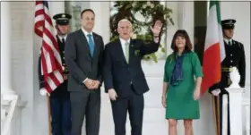  ?? PABLO MARTINEZ MONSIVAIS - THE ASSOCIATED PRESS ?? Vice President Mike Pence, center, and his wife Karen Pence, right, welcome Prime Minister Leo Varadkar of Ireland, left, to the U.S. Naval Observator­y in Washington, Friday, March 16, 2018.