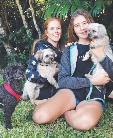  ??  ?? BRAVING COLD: Simone Daniels and Laura Lee, 12, rugged up in jumpers before taking Simone's dogs, Mimi, Mika and Molly, for a walk along Freshwater Creek in Redlynch. Picture: BRENDAN RADKE