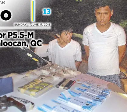  ?? JOVEN CAGANDE ?? Alleged pushers Paulo Morales and Martin Morales look on as half a kilo of shabu, a handgun and marked money are laid out for inventory by police following their arrest in a sting in Quezon City Friday night.