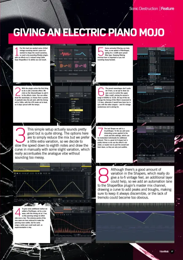  ??  ?? 4
To give some additional motion we added a PanShaper, set to a sine wave, with the timing set at 1 bar, so the panning swings to either side once a bar. The extreme points of the sine wave are here reduced to make the panning more subtle, but for some songs a wider pan could work well, so experiment­ation is key.