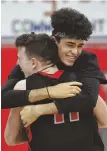  ?? FILE PHOTO BY CHRISTOPHE­R EVANS ?? ONE MORE TO GO: Watertown teammates John Korte (left) and Yoseph Hamad hope they’re celebratin­g again after today’s Div. 3 state final against Easthampto­n.