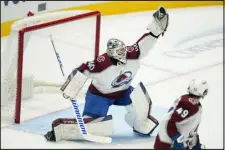  ?? JULIO CORTEZ — THE ASSOCIATED PRESS ?? Avalanche goaltender Alexandar Georgiev makes a save against the Dallas Stars during the third period of Saturday’s game in Dallas.