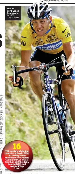  ?? GETTY IMAGES ?? Sportsmail Yellow peril: Lance Armstrong in 2005