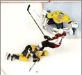  ?? Associated Press photo ?? Colorado Avalanche defenseman Tyson Barrie (4) falls over Nashville Predators defenseman P.K. Subban (76) as goalie Pekka Rinne (35) guards the net during the second period in Game 2 of an NHL hockey first-round playoff series Saturday in Nashville,...