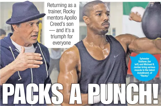  ??  ?? Sylvester Stallone (far left) and Michael B. Jordan bring serious muscle to the latest installmen­t. of
“Rocky.”