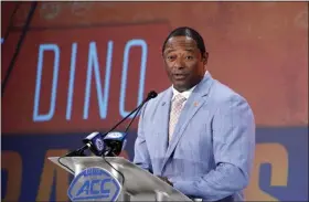  ?? CHUCK BURTON — ASSOCIATED PRESS FILE ?? Syracuse head coach Dino Babers speaks during the Atlantic Coast Conference NCAA college football media day in Charlotte, N.C., last month.