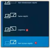  ??  ?? Paina Windows-näppäin + P.
1
Valitse Vain toinen näyttö , jos haluat Windowsin näkyvän vain lisänäytöl­lä. Molempia näyttöjä voi käyttää kerralla valitsemal­la Laajenna .